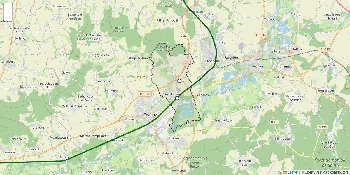 Carte du réseau de transport en commun à Viry-Noureuil - lignes de bus et arrêts