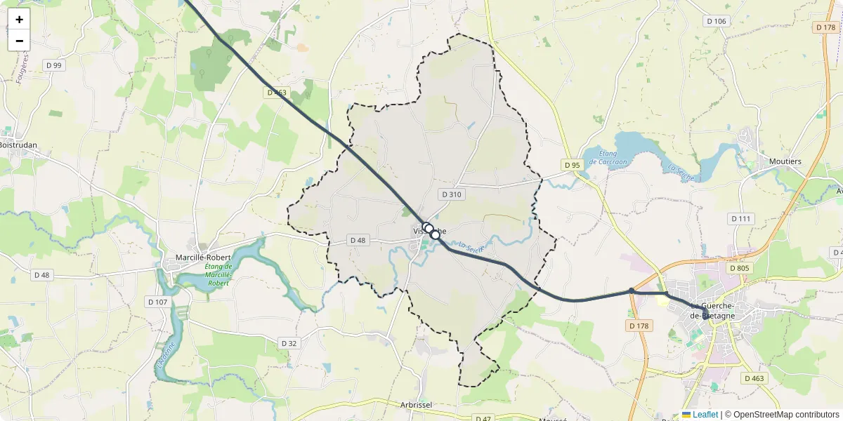 Carte du réseau de transport en commun à Visseiche - lignes de bus et arrêts