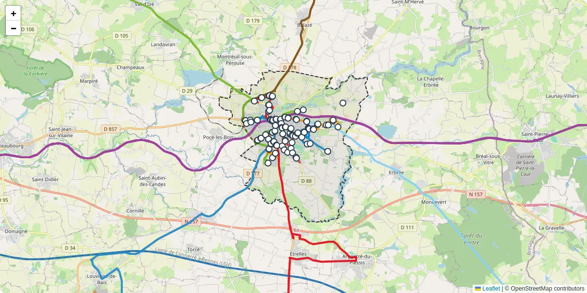 Carte du réseau de transport en commun à Vitré - lignes de bus et arrêts
