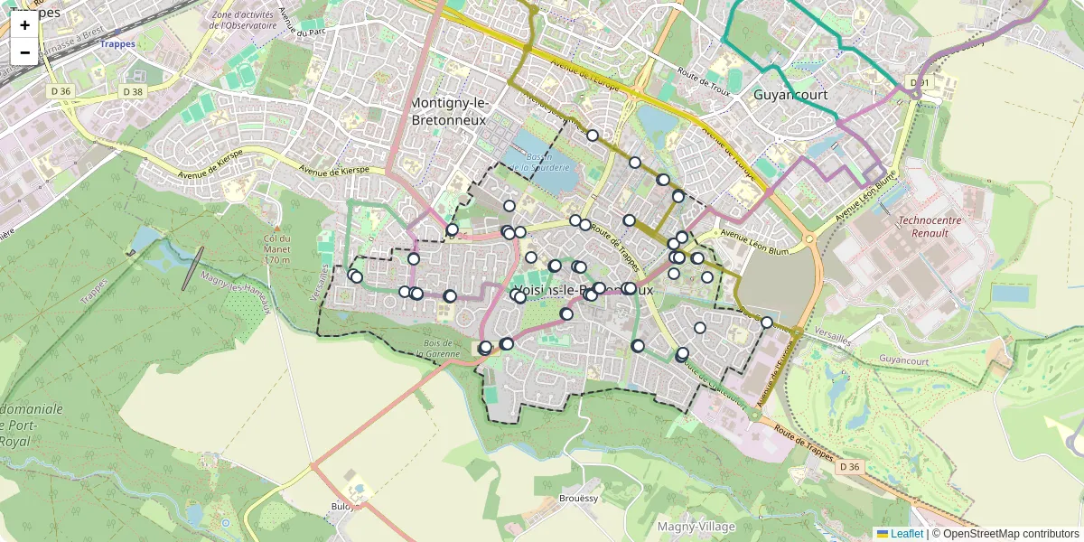 Carte du réseau de transport en commun à Voisins-le-Bretonneux - lignes de bus et arrêts