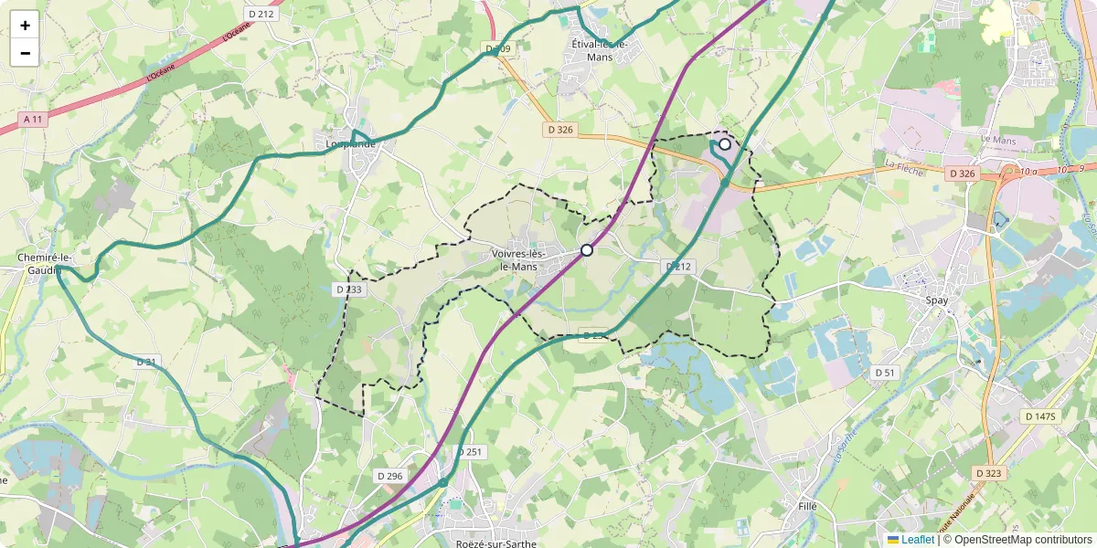 Carte du réseau de transport en commun à Voivres-lès-le-Mans - lignes de bus et arrêts