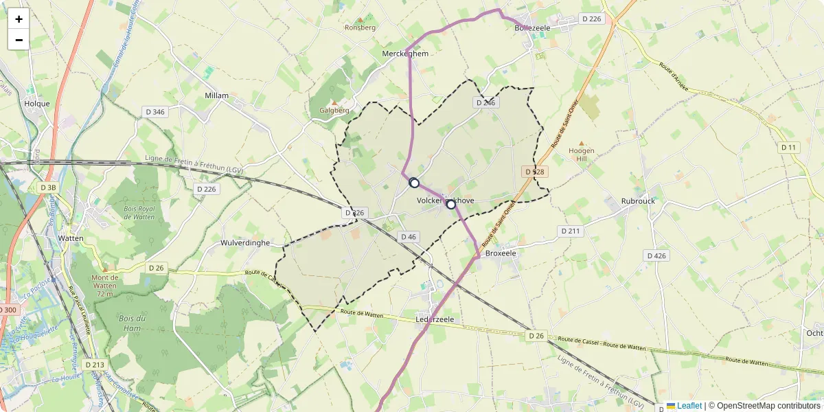 Carte du réseau de transport en commun à Volckerinckhove - lignes de bus et arrêts