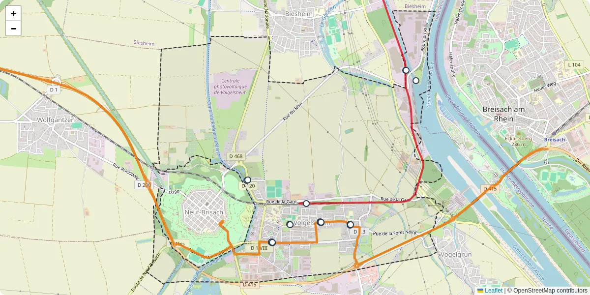 Carte du réseau de transport en commun à Volgelsheim - lignes de bus et arrêts