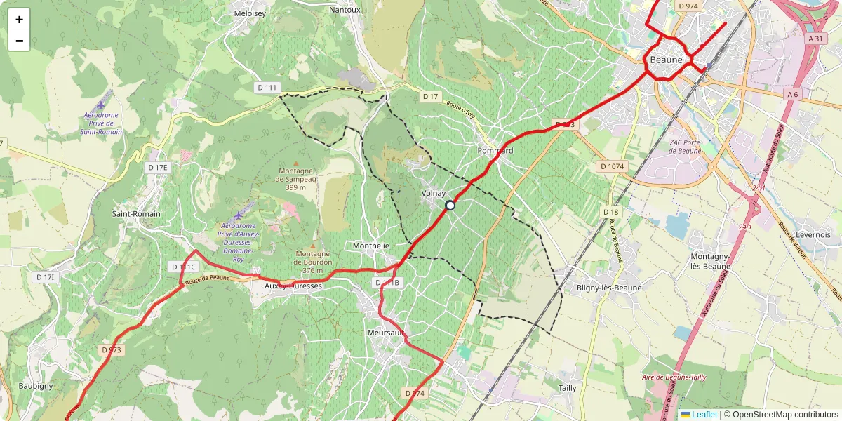 Carte du réseau de transport en commun à Volnay - lignes de bus et arrêts