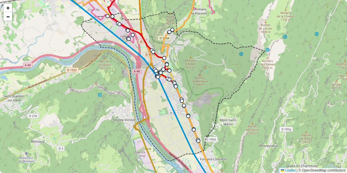 Carte du réseau de transport en commun à Voreppe - lignes de bus et arrêts