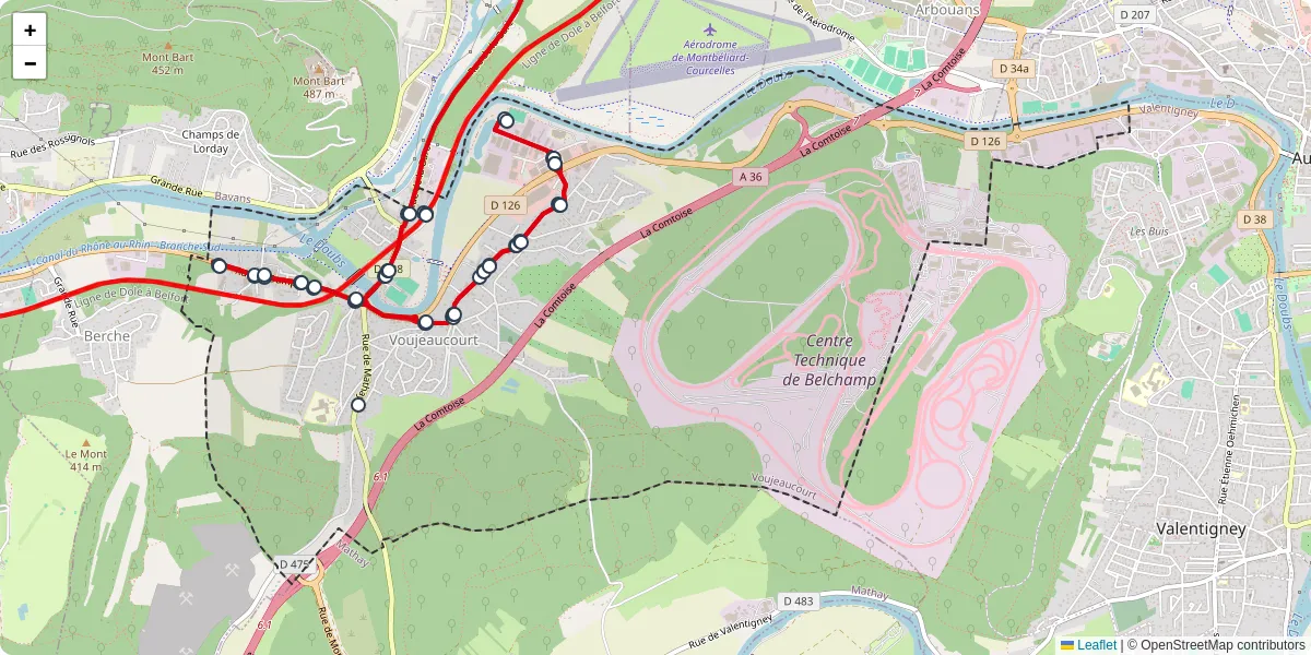 Carte du réseau de transport en commun à Voujeaucourt - lignes de bus et arrêts