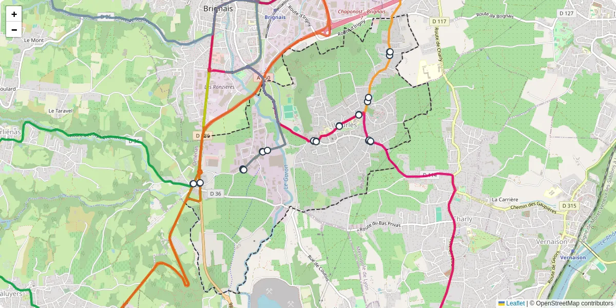 Carte du réseau de transport en commun à Vourles - lignes de bus et arrêts