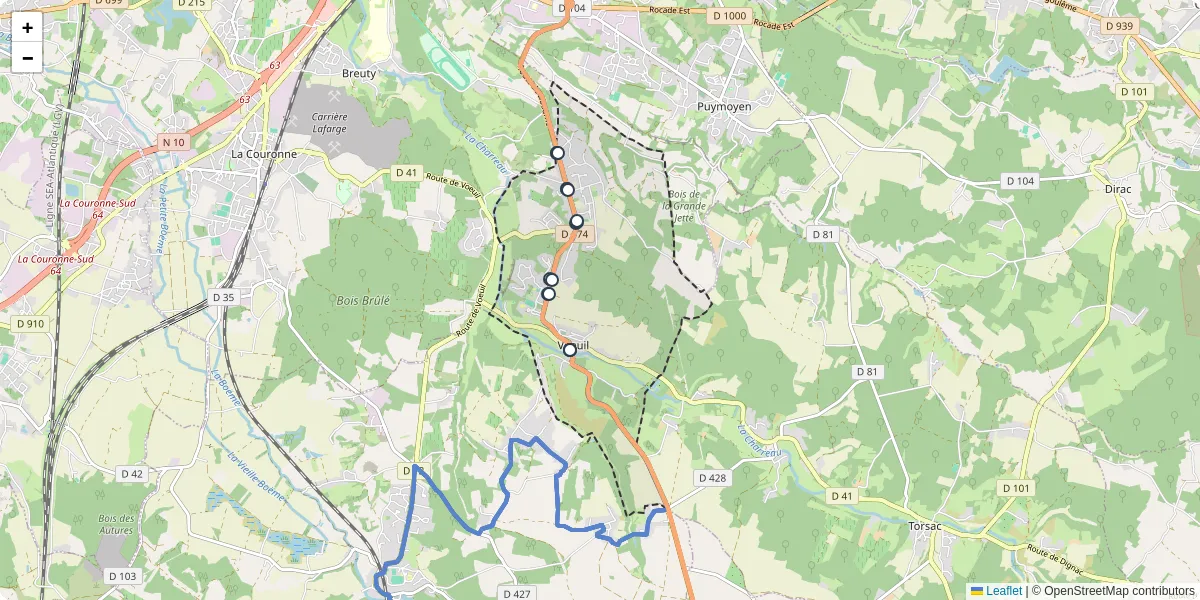 Carte du réseau de transport en commun à Vœuil-et-Giget - lignes de bus et arrêts