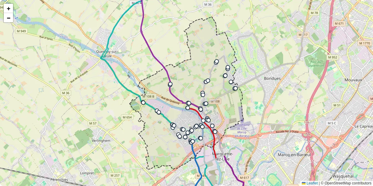 Carte du réseau de transport en commun à Wambrechies - lignes de bus et arrêts