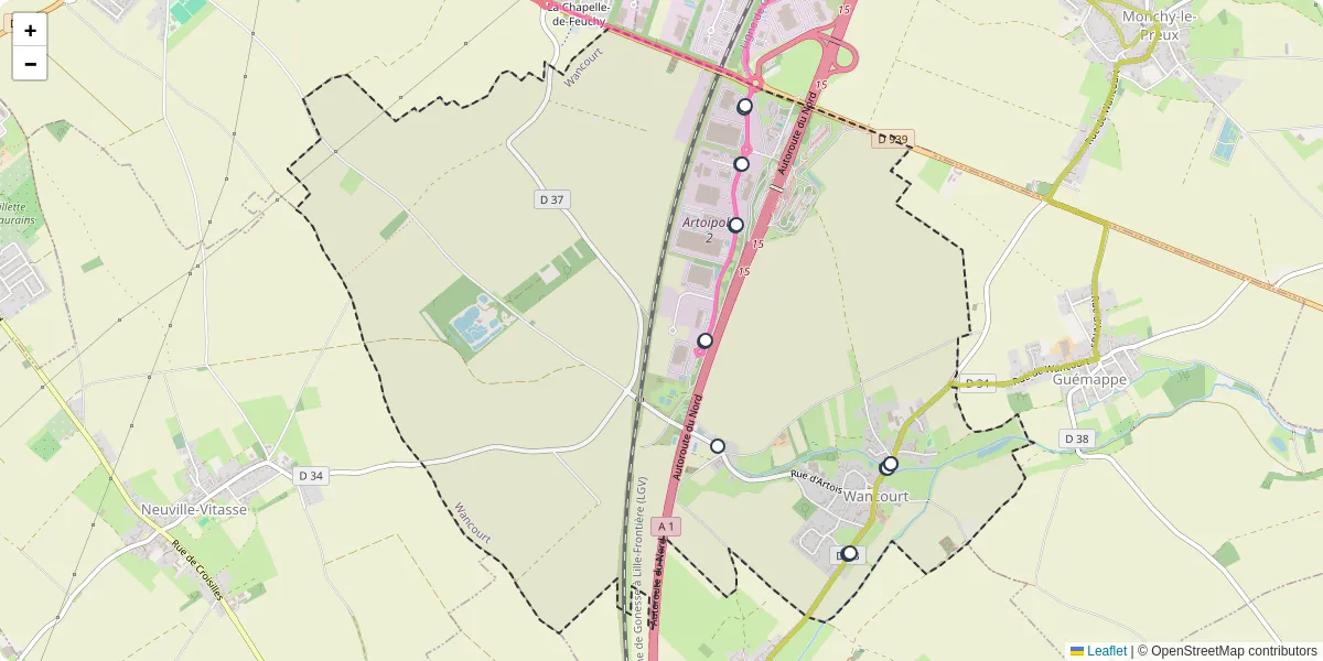 Carte du réseau de transport en commun à Wancourt - lignes de bus et arrêts