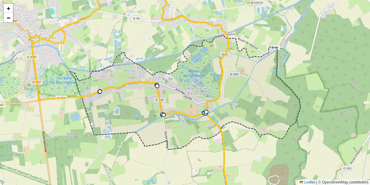 Carte du réseau de transport en commun à Wandignies-Hamage - lignes de bus et arrêts