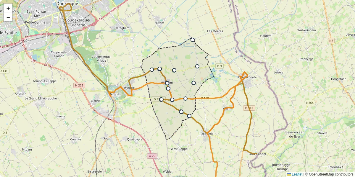 Carte du réseau de transport en commun à Warhem - lignes de bus et arrêts
