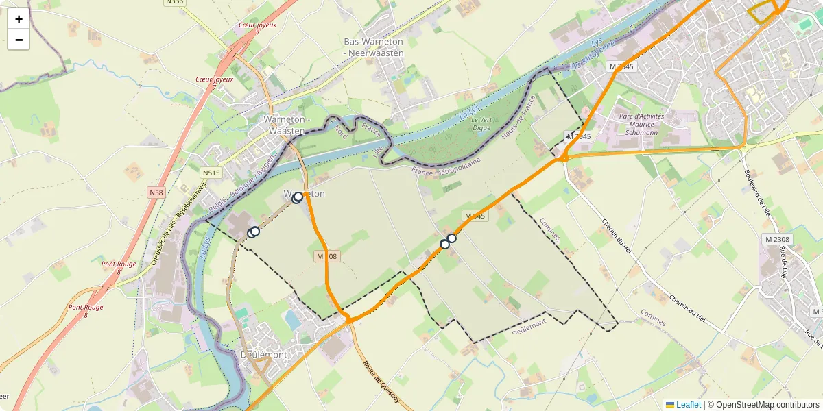 Carte du réseau de transport en commun à Warneton - lignes de bus et arrêts