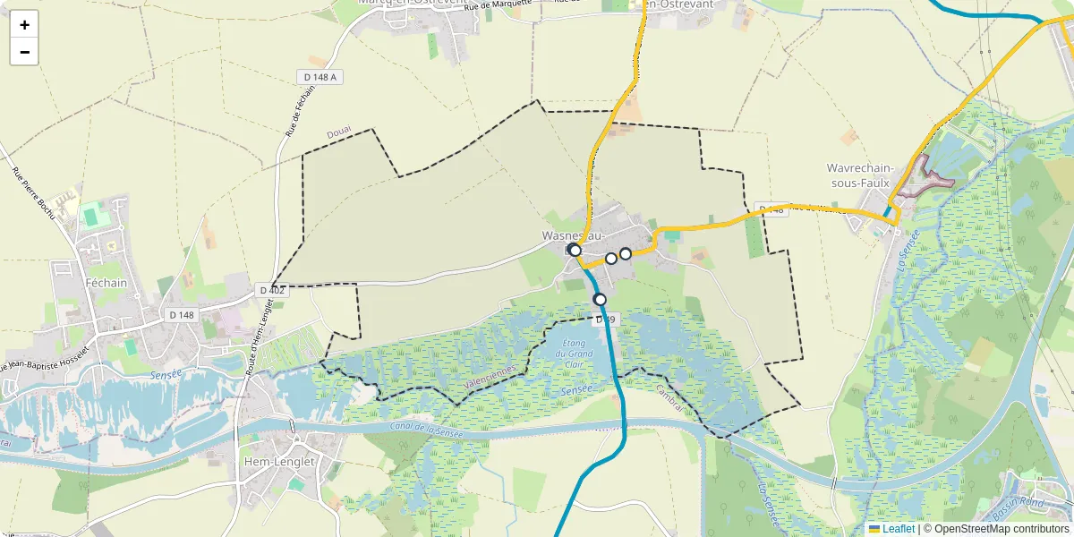 Carte du réseau de transport en commun à Wasnes-au-Bac - lignes de bus et arrêts