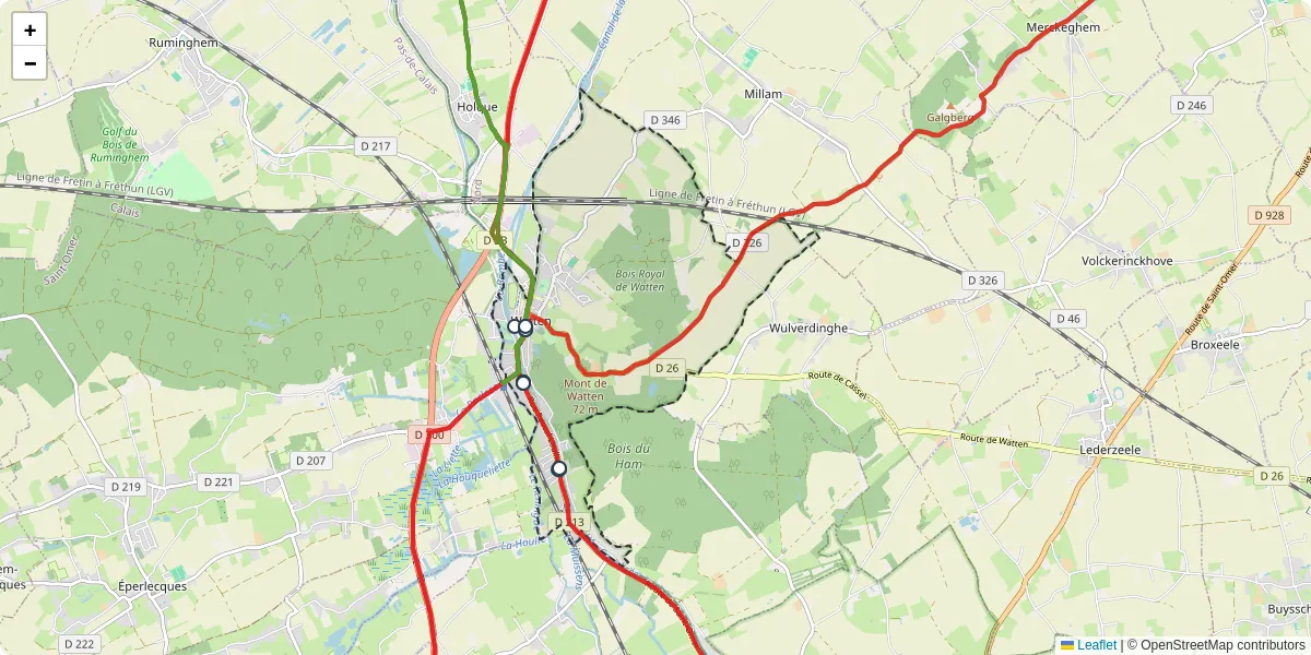 Carte du réseau de transport en commun à Watten - lignes de bus et arrêts