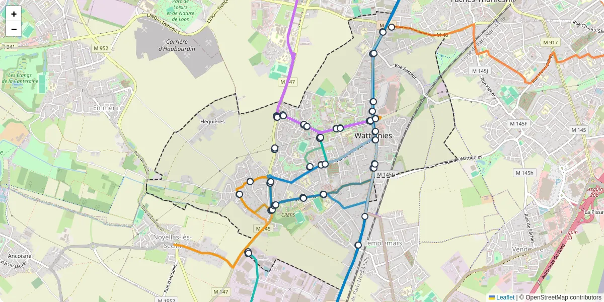 Carte du réseau de transport en commun à Wattignies - lignes de bus et arrêts