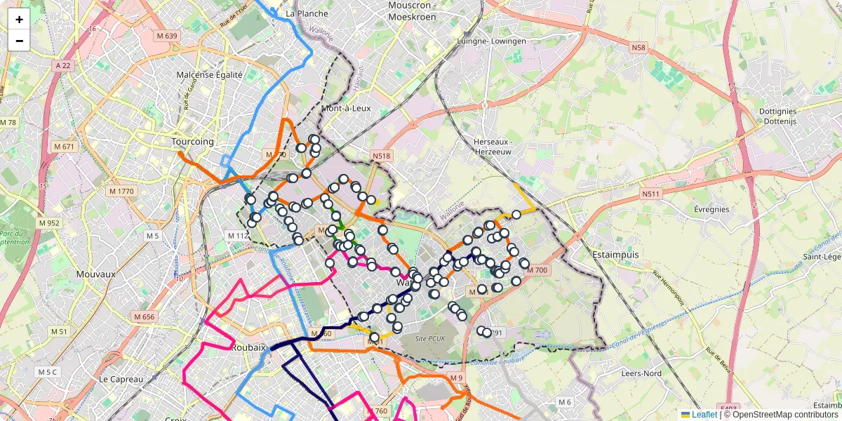 Carte du réseau de transport en commun à Wattrelos - lignes de bus et arrêts