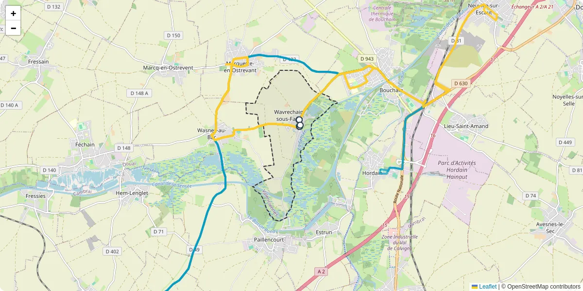 Carte du réseau de transport en commun à Wavrechain-sous-Faulx - lignes de bus et arrêts