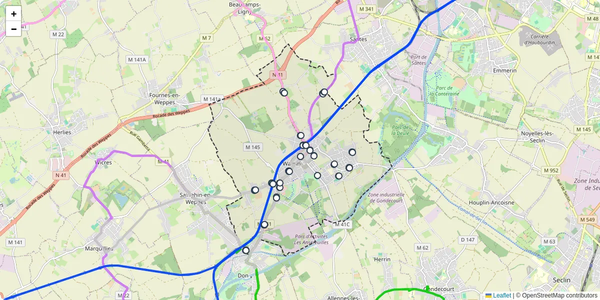 Carte du réseau de transport en commun à Wavrin - lignes de bus et arrêts