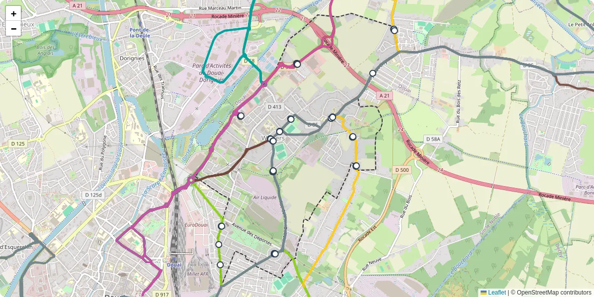 Carte du réseau de transport en commun à Waziers - lignes de bus et arrêts