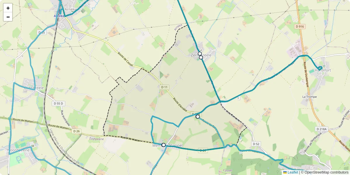 Carte du réseau de transport en commun à Wemaers-Cappel - lignes de bus et arrêts