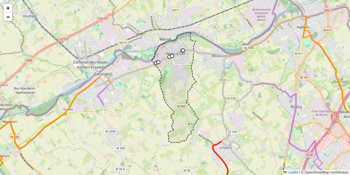 Carte du réseau de transport en commun à Wervicq-Sud - lignes de bus et arrêts