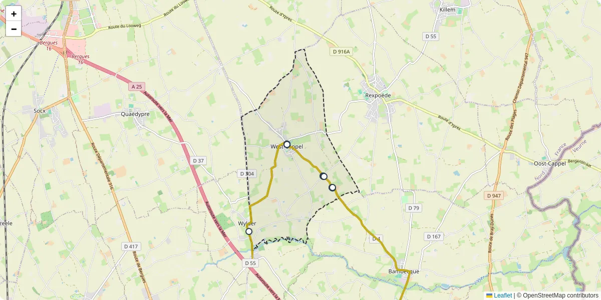 Carte du réseau de transport en commun à West-Cappel - lignes de bus et arrêts
