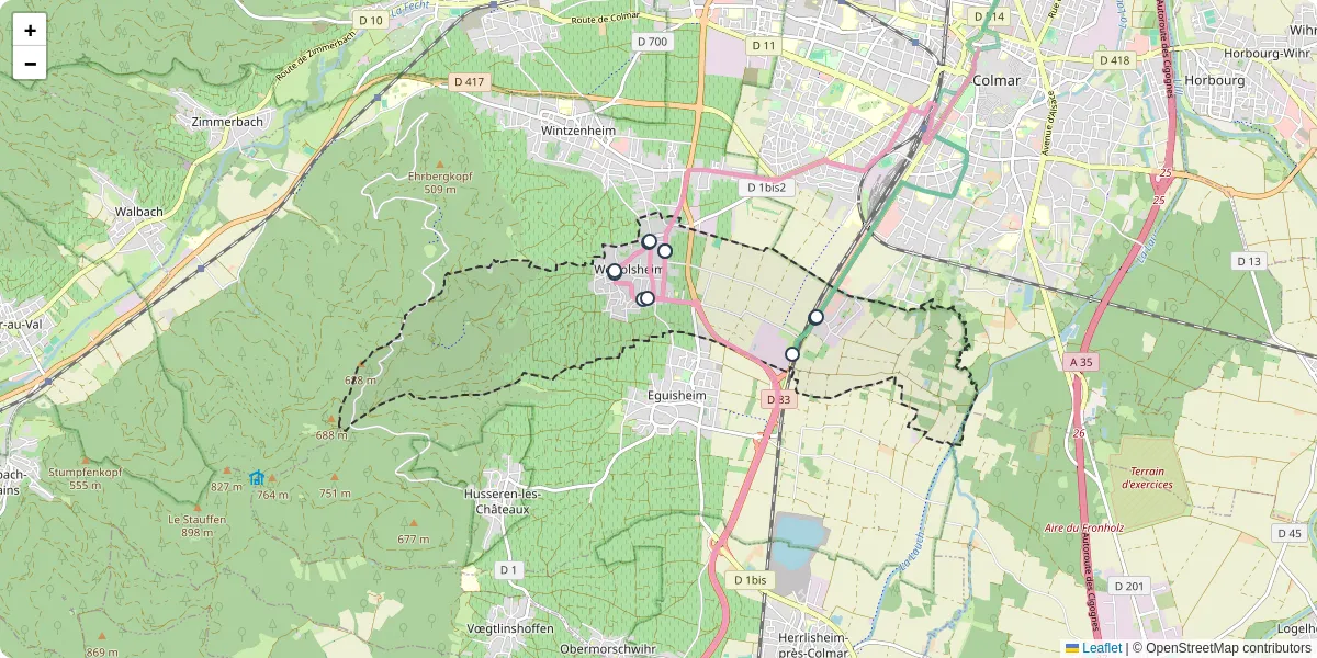 Carte du réseau de transport en commun à Wettolsheim - lignes de bus et arrêts