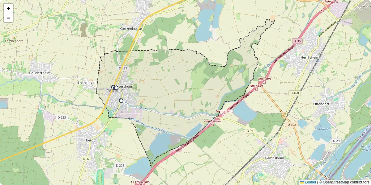 Carte du réseau de transport en commun à Weyersheim - lignes de bus et arrêts