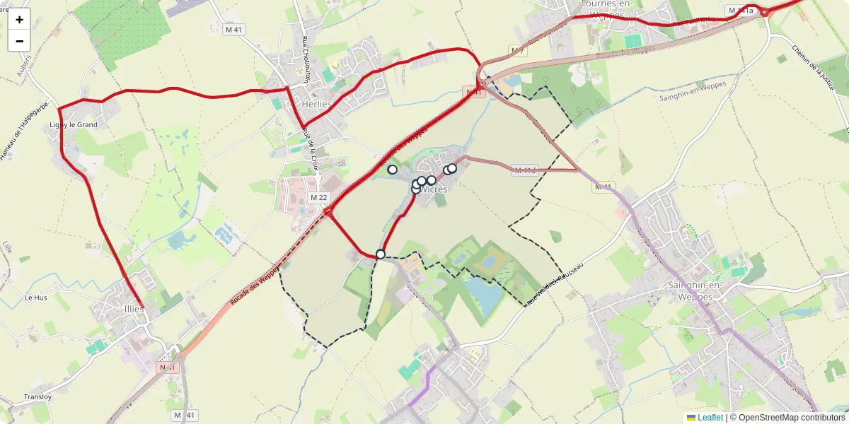 Carte du réseau de transport en commun à Wicres - lignes de bus et arrêts
