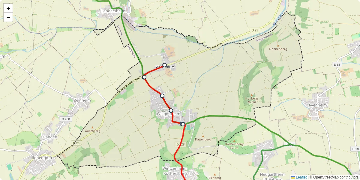 Carte du réseau de transport en commun à Willgottheim - lignes de bus et arrêts