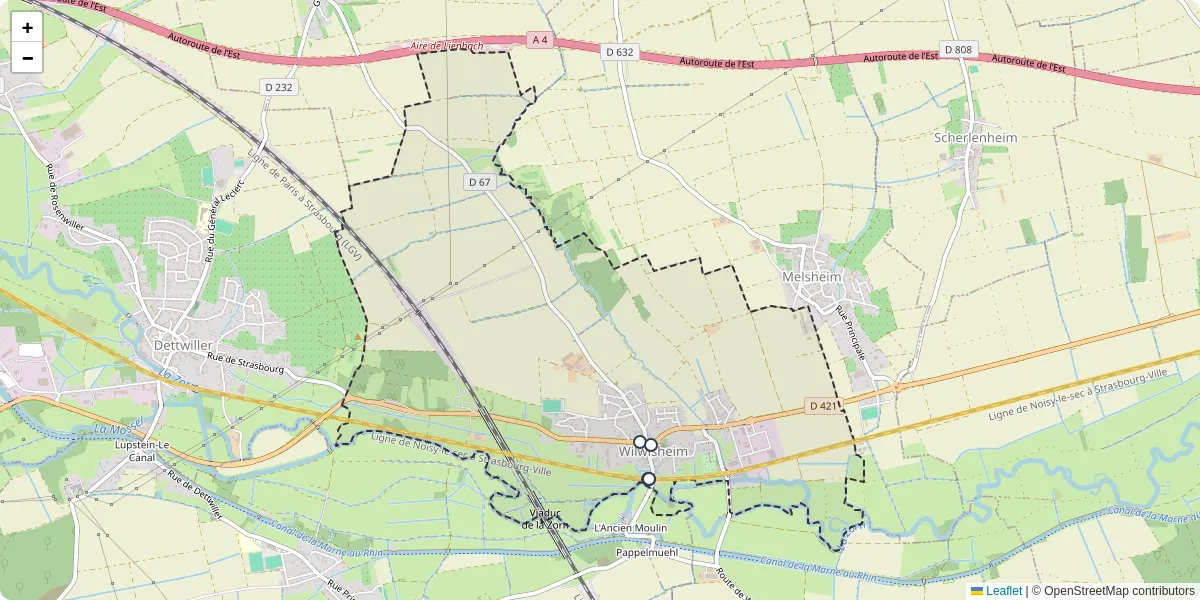 Carte du réseau de transport en commun à Wilwisheim - lignes de bus et arrêts