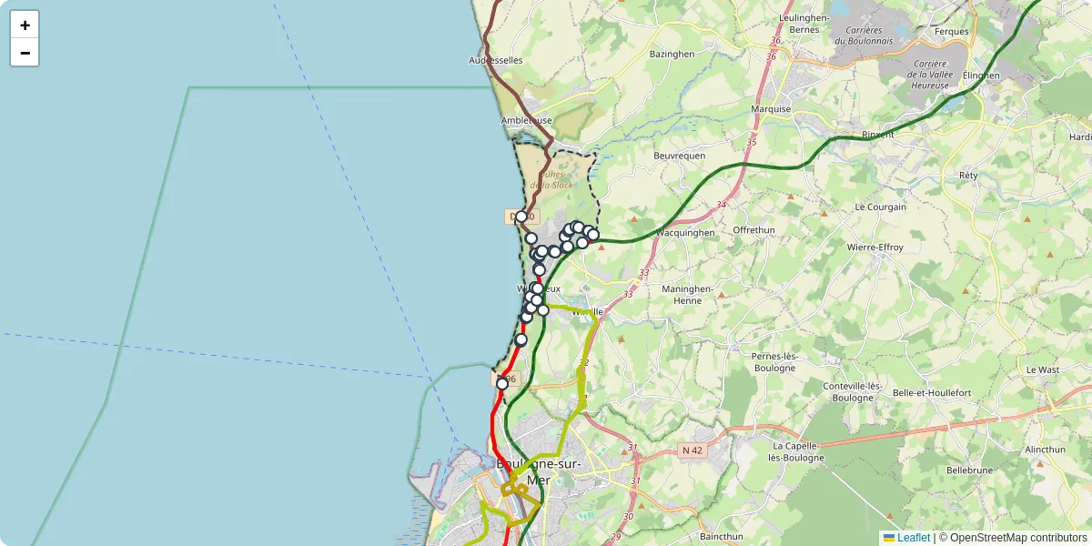 Carte du réseau de transport en commun à Wimereux - lignes de bus et arrêts