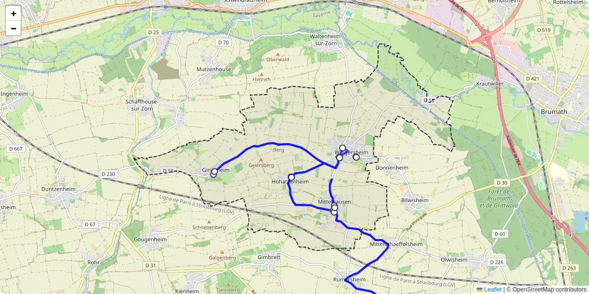 Carte du réseau de transport en commun à Wingersheim les Quatre Bans - lignes de bus et arrêts