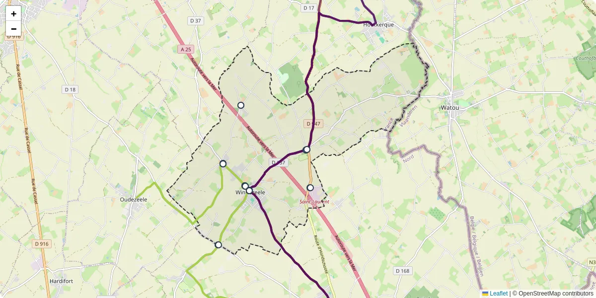 Carte du réseau de transport en commun à Winnezeele - lignes de bus et arrêts