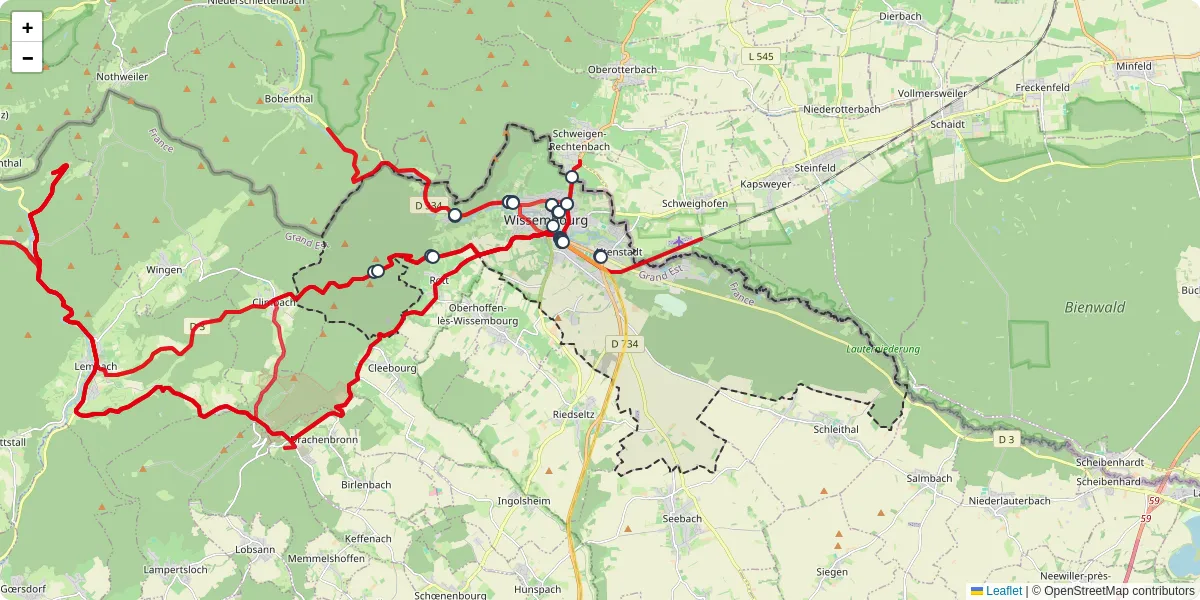 Carte du réseau de transport en commun à Wissembourg - lignes de bus et arrêts