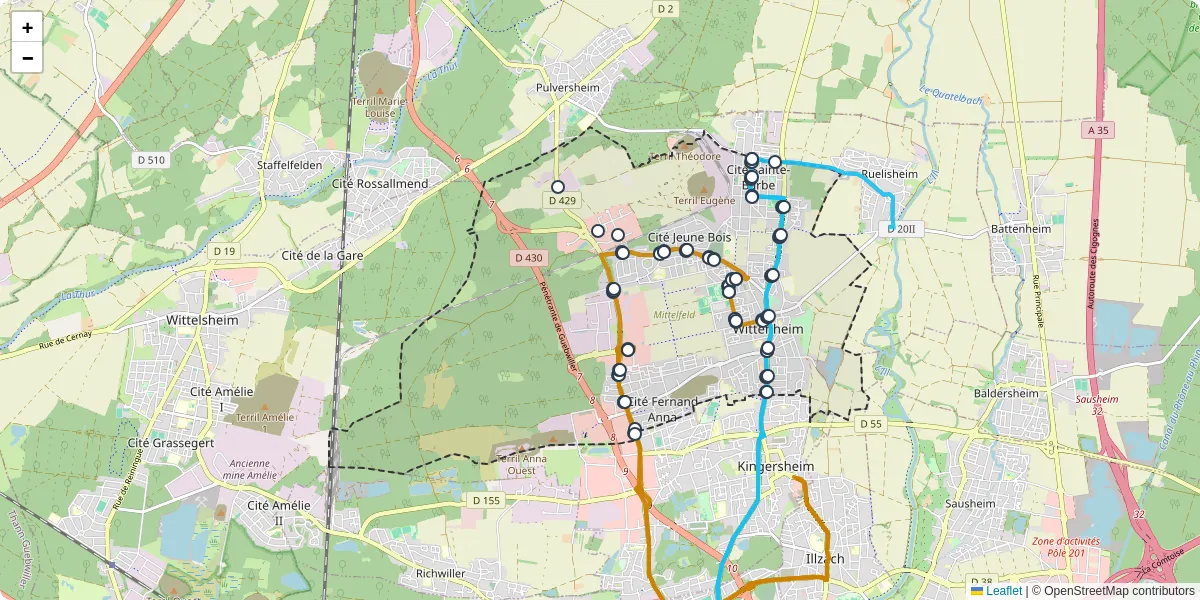 Carte du réseau de transport en commun à Wittenheim - lignes de bus et arrêts