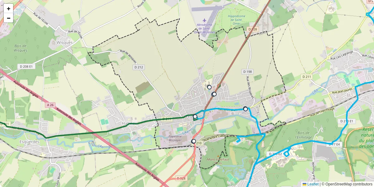 Carte du réseau de transport en commun à Wizernes - lignes de bus et arrêts