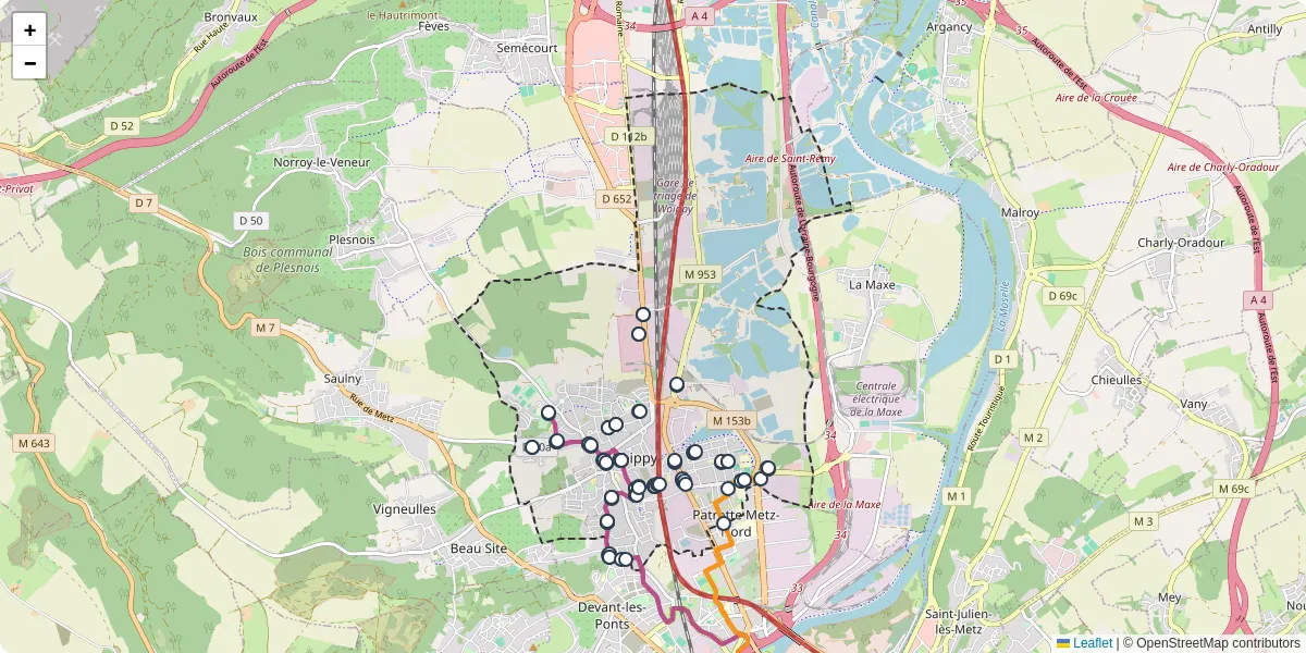 Carte du réseau de transport en commun à Woippy - lignes de bus et arrêts