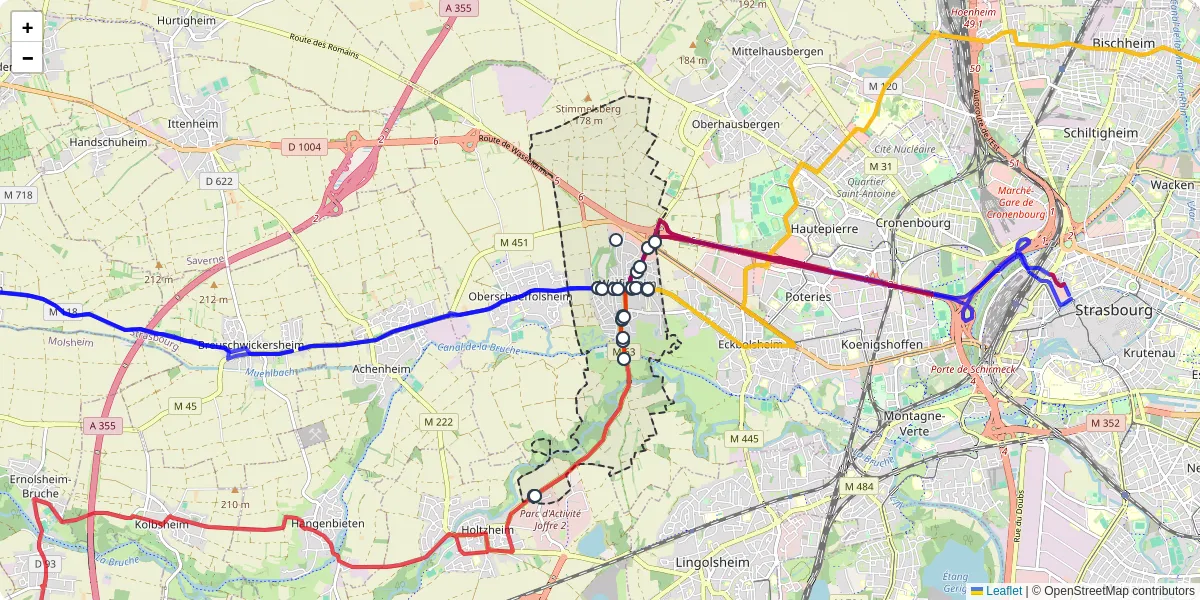 Carte du réseau de transport en commun à Wolfisheim - lignes de bus et arrêts