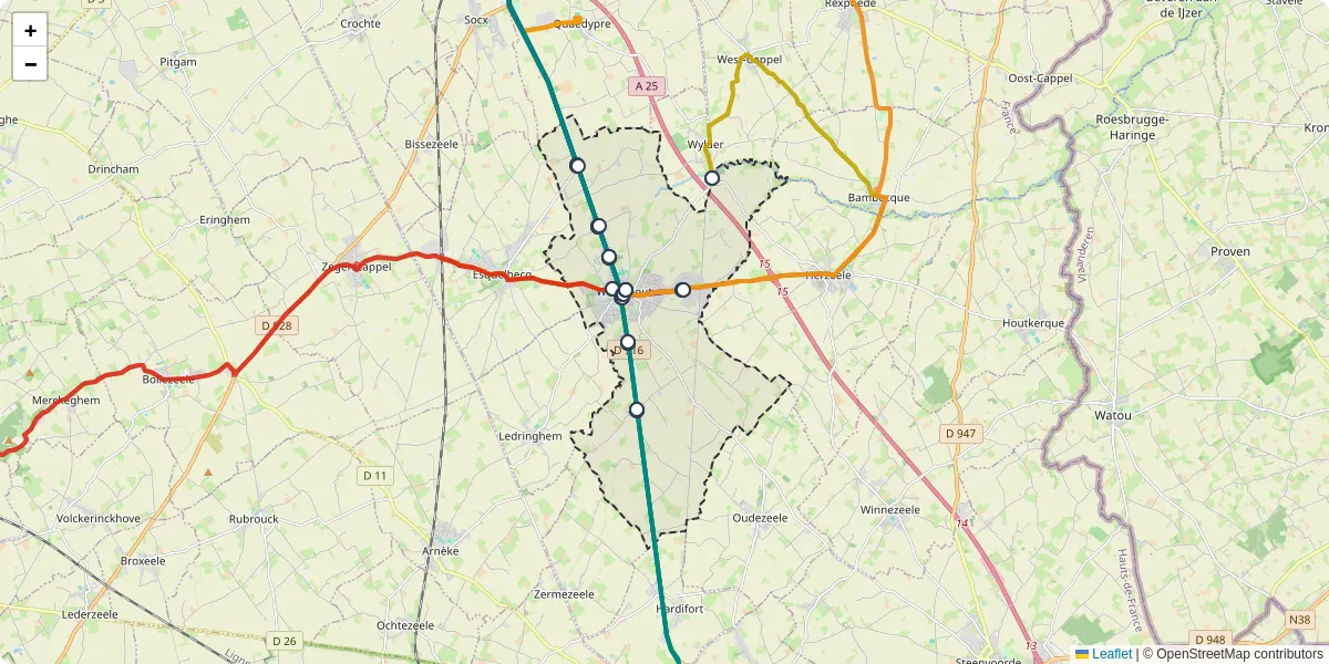 Carte du réseau de transport en commun à Wormhout - lignes de bus et arrêts