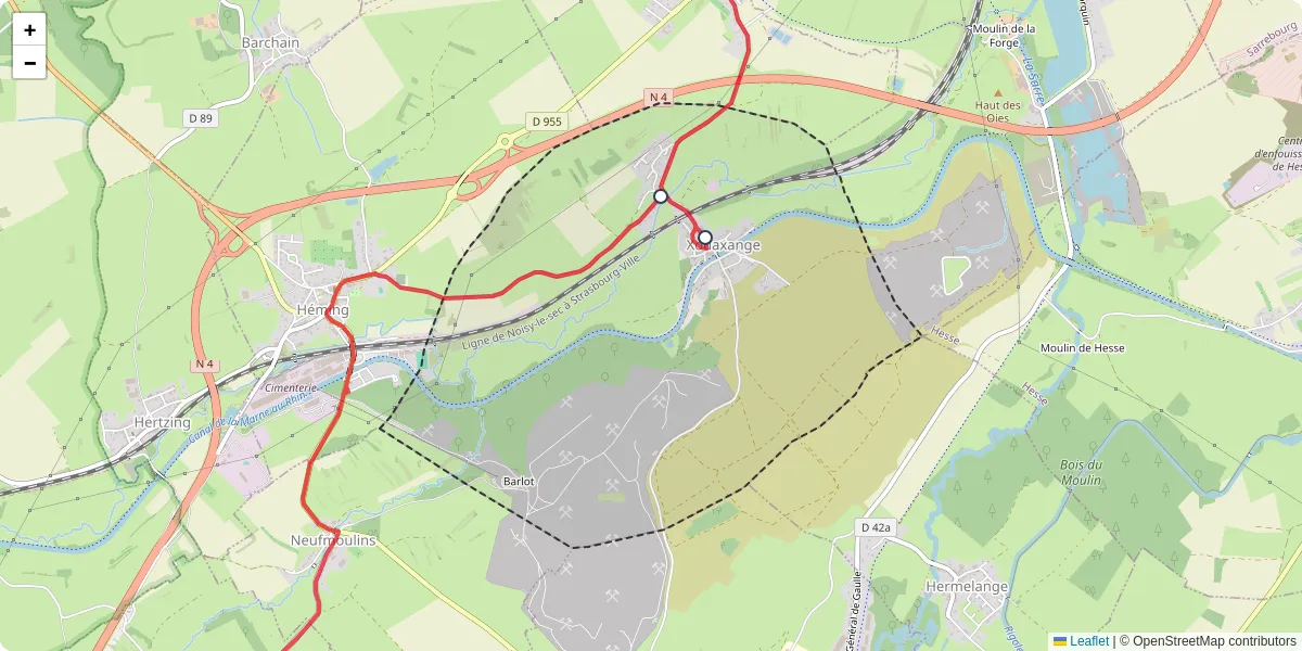 Carte du réseau de transport en commun à Xouaxange - lignes de bus et arrêts