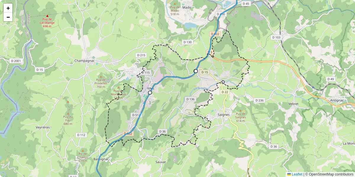 Carte du réseau de transport en commun à Ydes - lignes de bus et arrêts