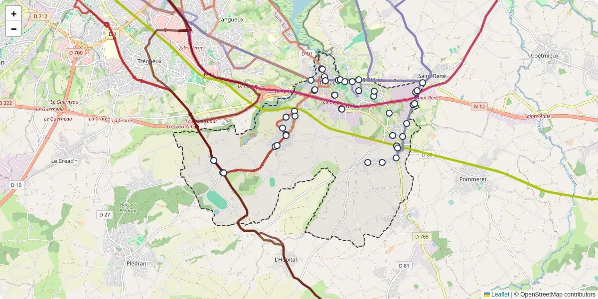 Carte du réseau de transport en commun à Yffiniac - lignes de bus et arrêts