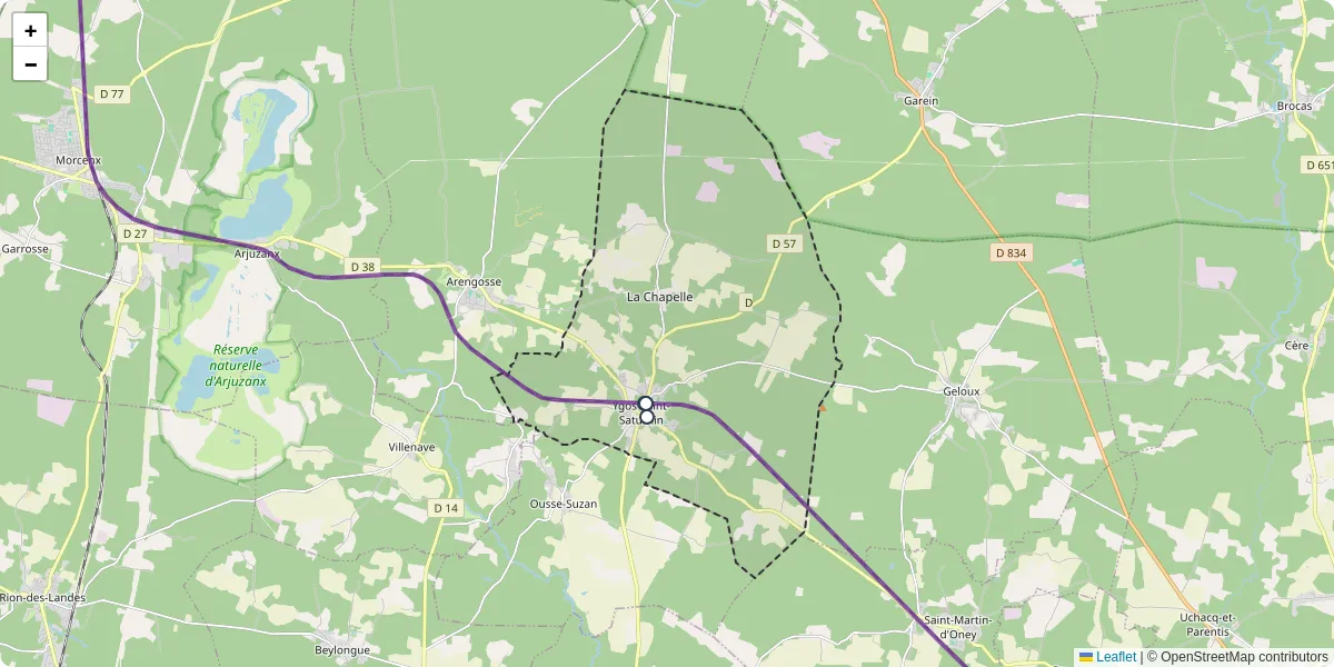 Carte du réseau de transport en commun à Ygos-Saint-Saturnin - lignes de bus et arrêts