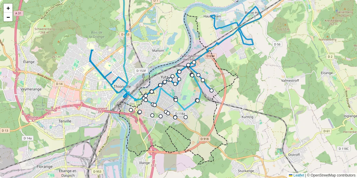 Carte du réseau de transport en commun à Yutz - lignes de bus et arrêts