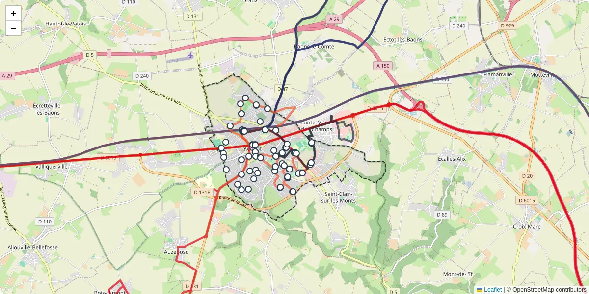 Carte du réseau de transport en commun à Yvetot - lignes de bus et arrêts