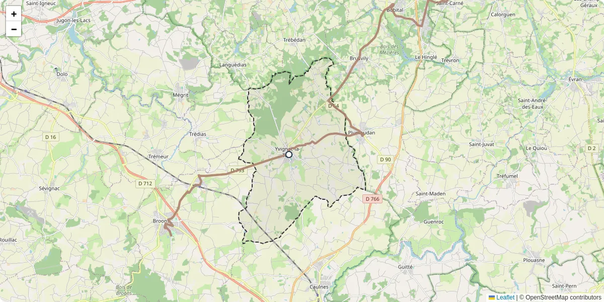 Carte du réseau de transport en commun à Yvignac-la-Tour - lignes de bus et arrêts