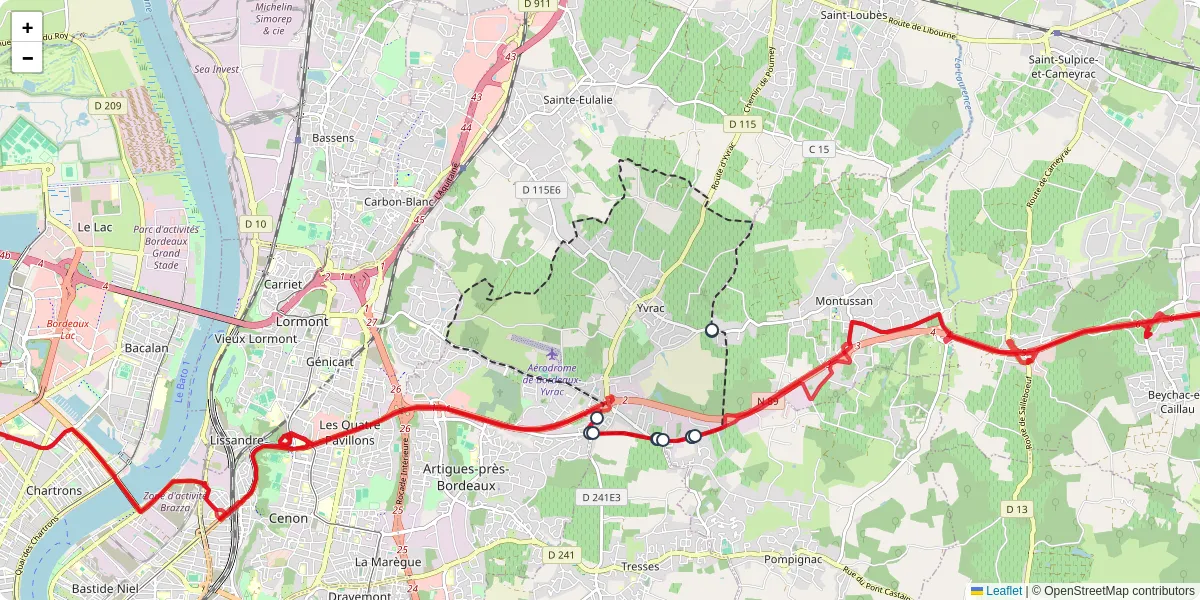 Carte du réseau de transport en commun à Yvrac - lignes de bus et arrêts