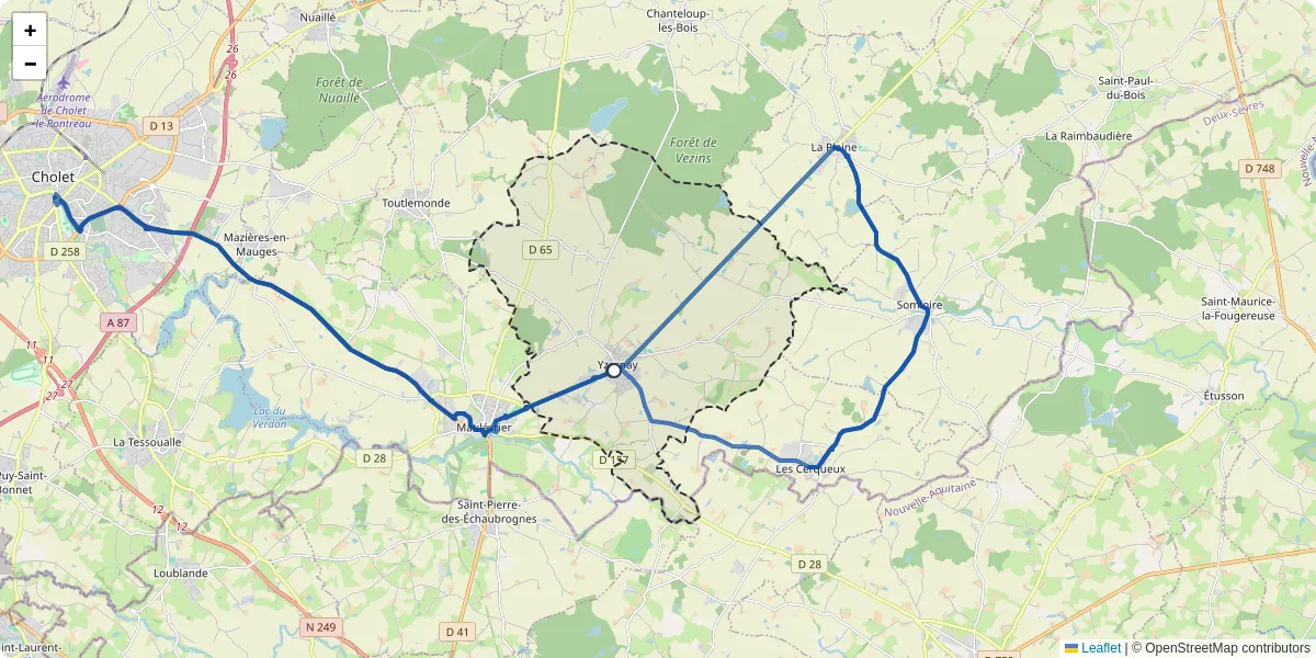 Carte du réseau de transport en commun à Yzernay - lignes de bus et arrêts